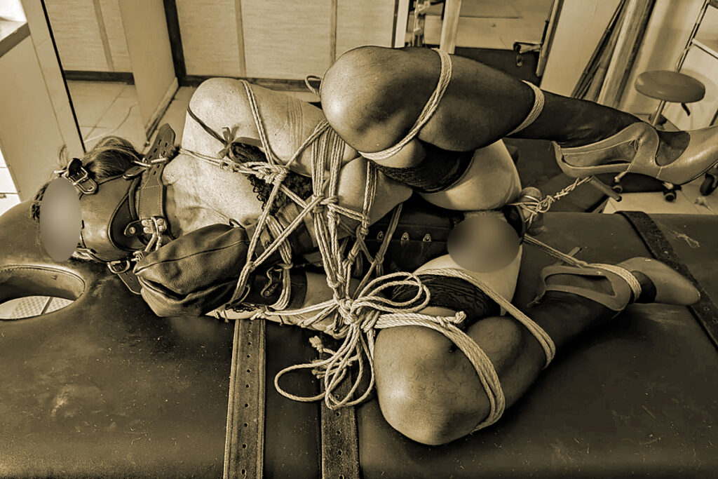 harnais de tête, corset, moufles de bondage en cuir et cordes bien serrées